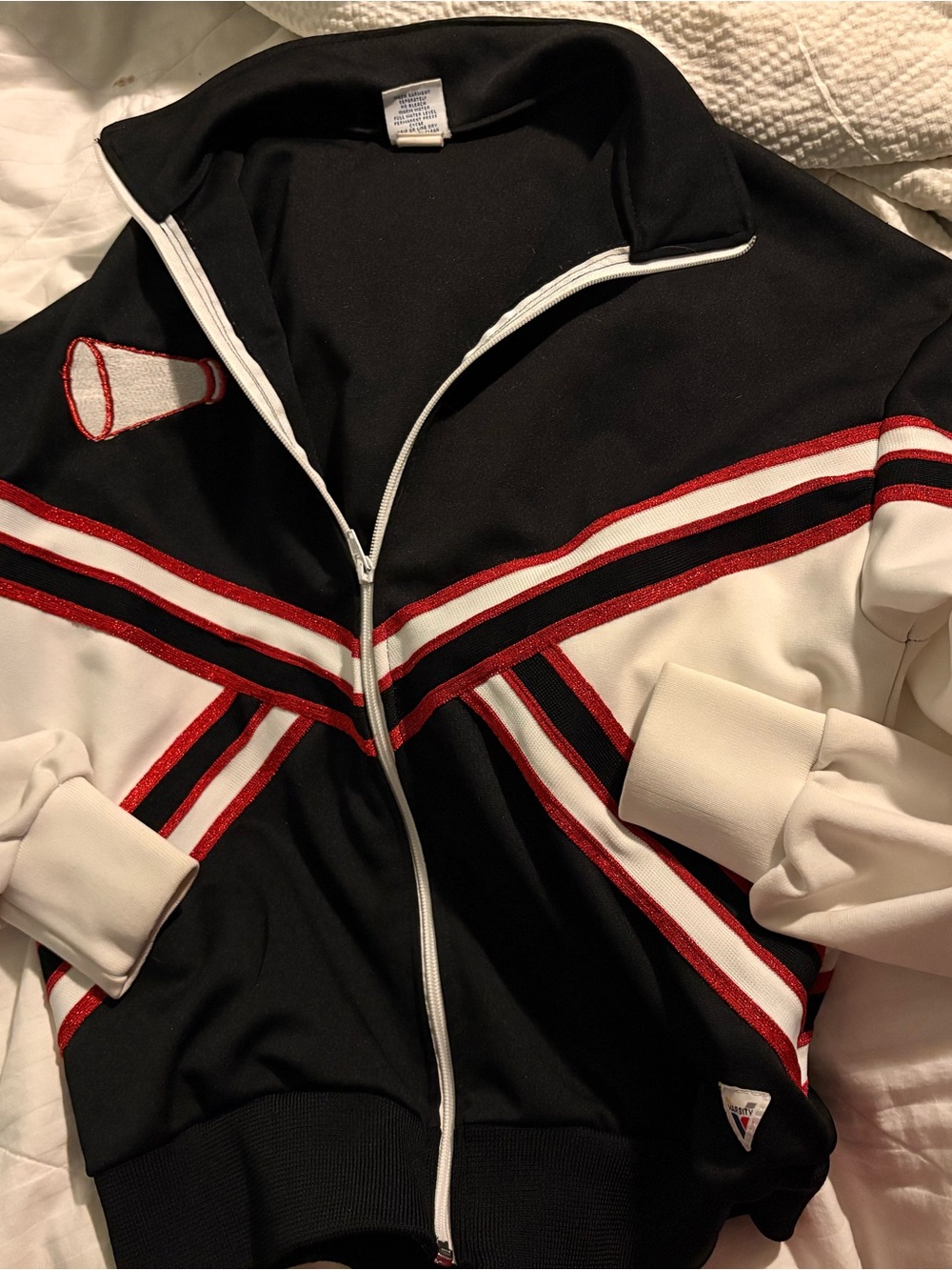 Vintage Varsity Women’s Black & White Cheer Jacket with Red Trim